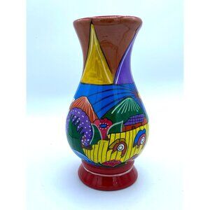 Tonala Mexican Pottery Hand Painted Vase Town Scenes